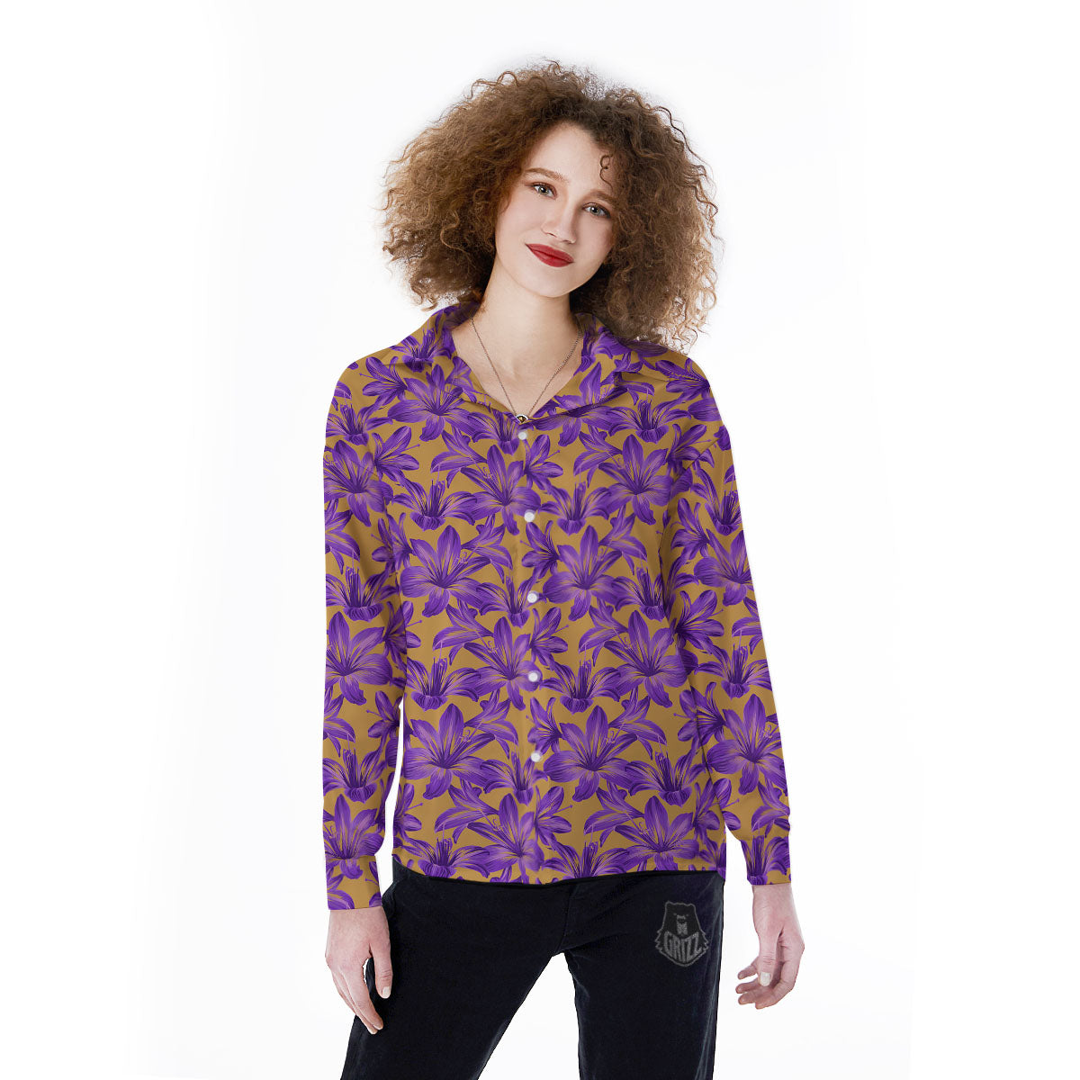 Amaryllis Japanese Purple Print Pattern Women's Long Sleeve Shirts-grizzshop
