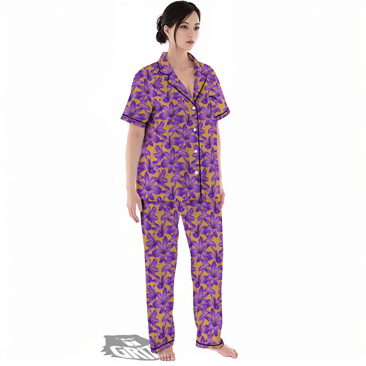 Amaryllis Japanese Purple Print Pattern Women's Pajamas Set-grizzshop