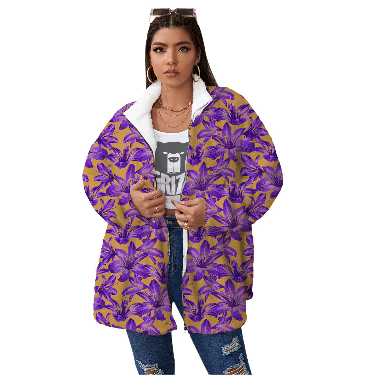 Amaryllis Japanese Purple Print Pattern Women's Sherpa Jacket-grizzshop