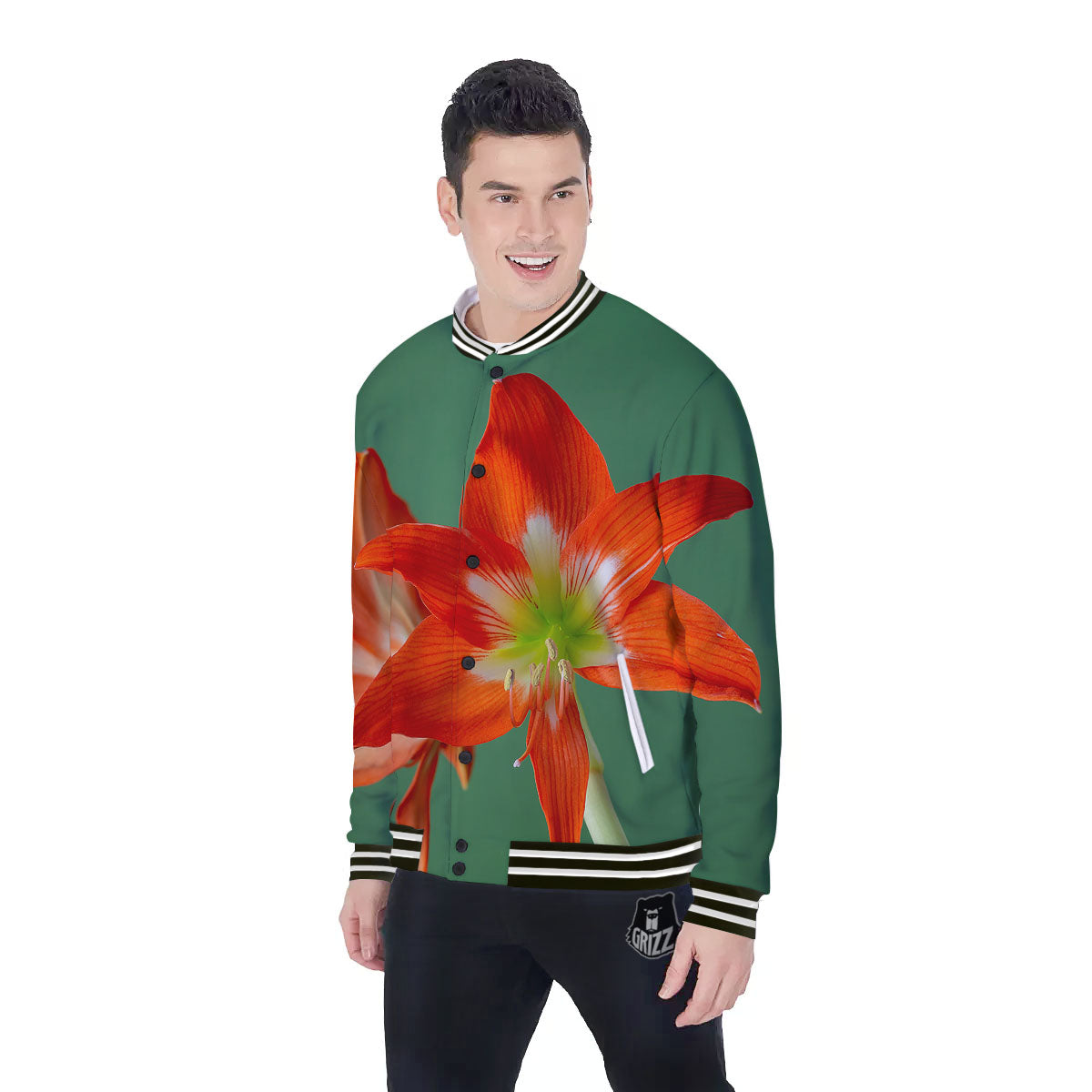Amaryllis Orange Print Baseball Jacket-grizzshop
