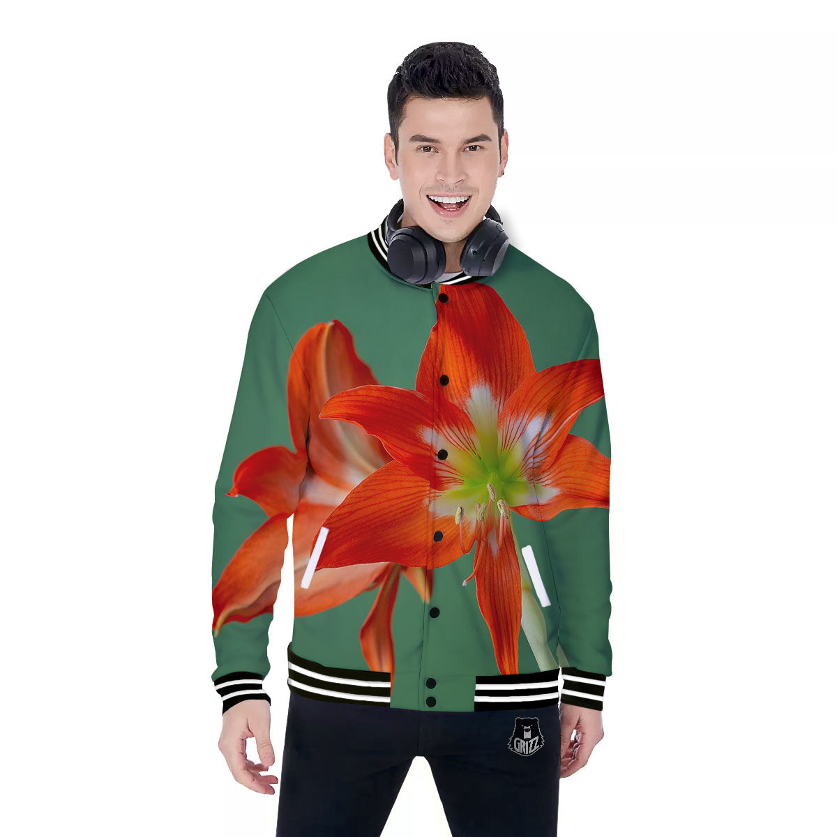 Amaryllis Orange Print Baseball Jacket-grizzshop