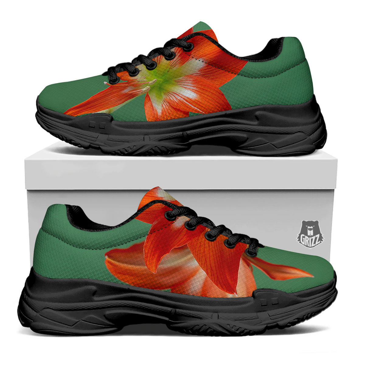 Amaryllis Orange Print Black Chunky Shoes-grizzshop