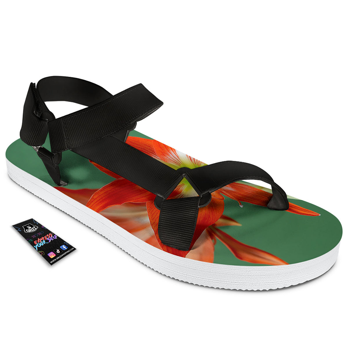 Amaryllis Orange Print Black Open Toe Sandals-grizzshop