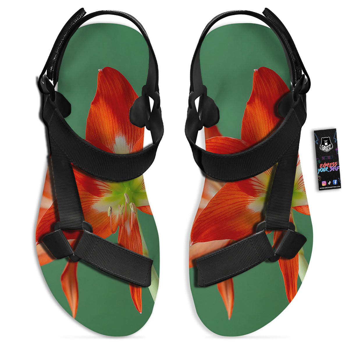 Amaryllis Orange Print Black Open Toe Sandals-grizzshop