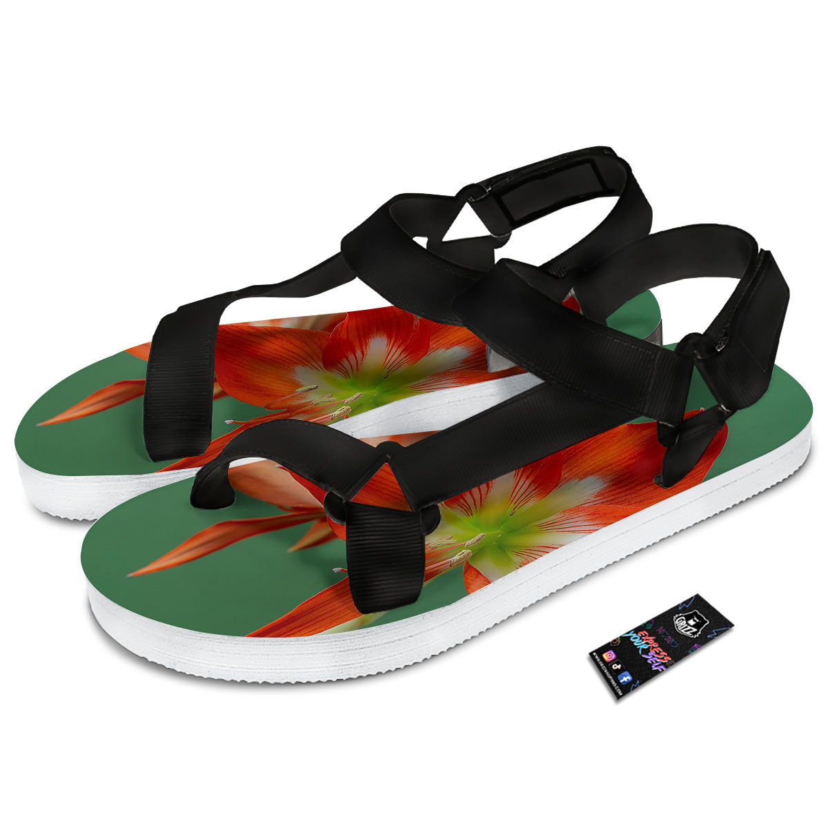 Amaryllis Orange Print Black Open Toe Sandals-grizzshop