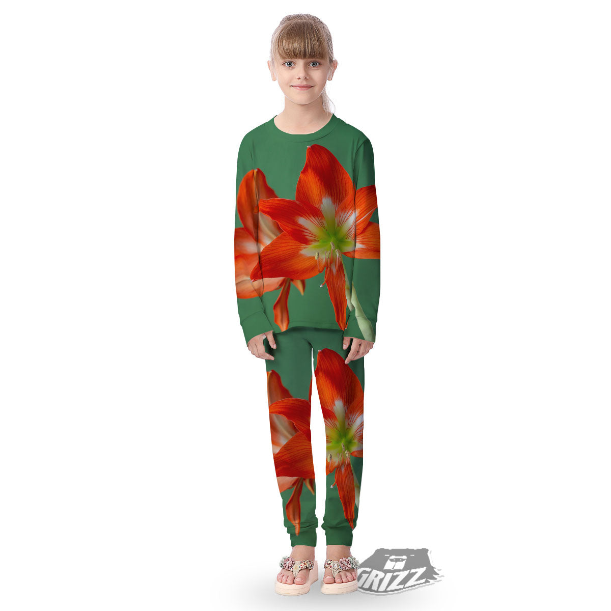 Amaryllis Orange Print Kid's Pajamas-grizzshop