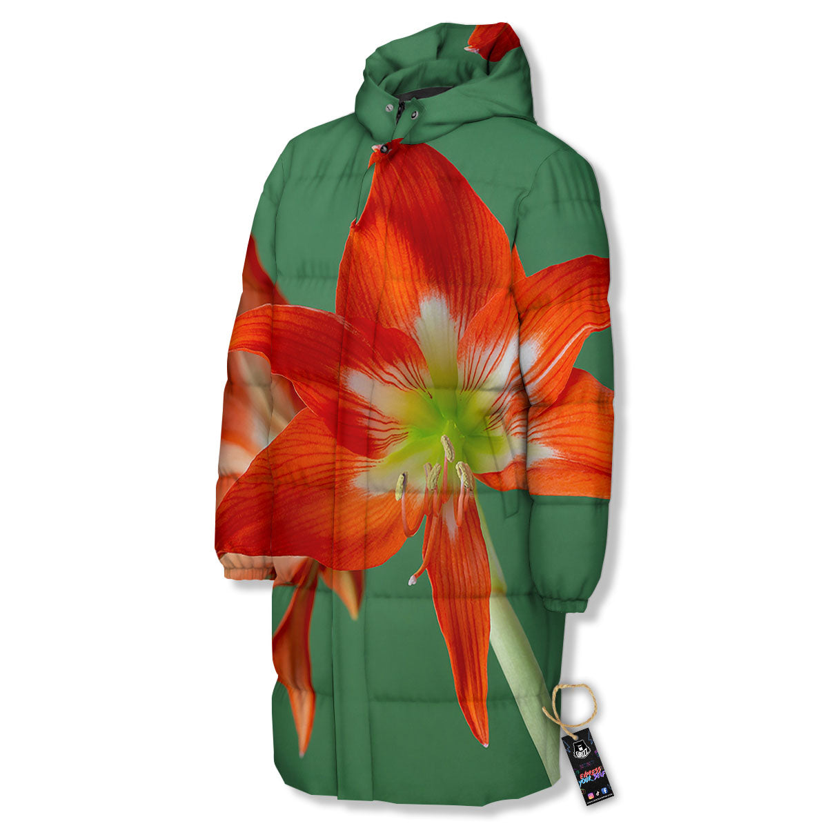 Amaryllis Orange Print Long Down Jacket-grizzshop