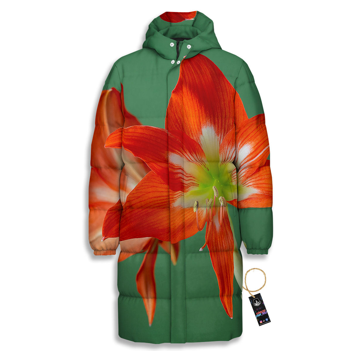Amaryllis Orange Print Long Down Jacket-grizzshop