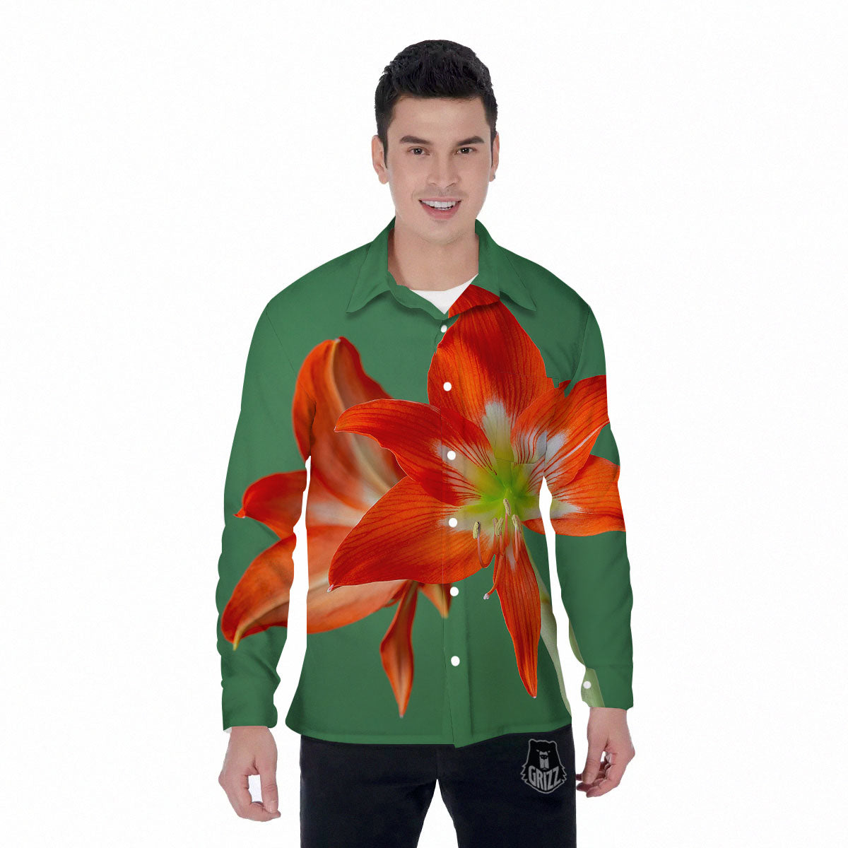 Amaryllis Orange Print Men's Long Sleeve Shirts-grizzshop