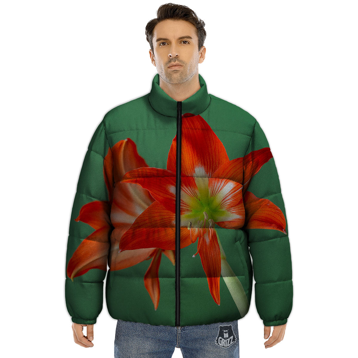 Amaryllis Orange Print Puffer Jacket-grizzshop