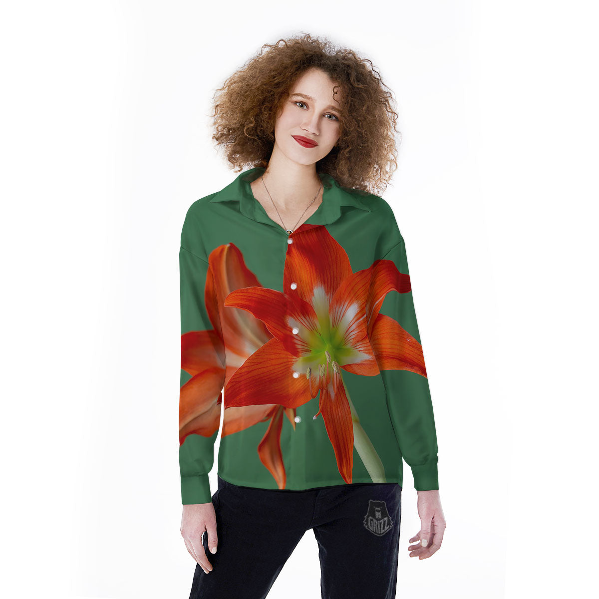 Amaryllis Orange Print Women's Long Sleeve Shirts-grizzshop