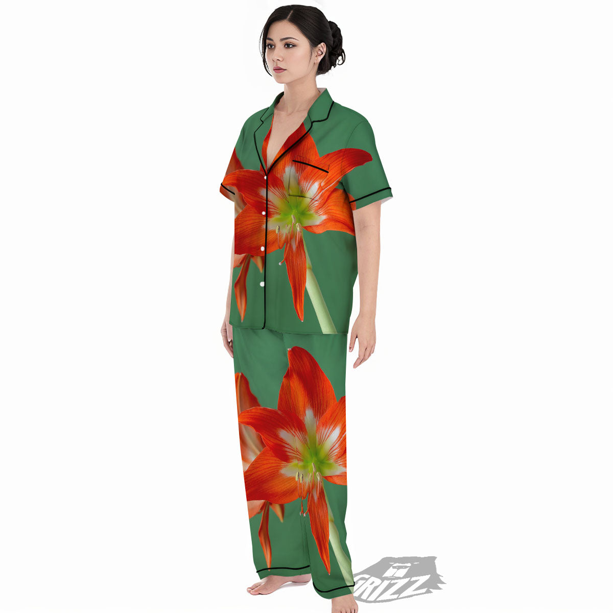 Amaryllis Orange Print Women's Pajamas Set-grizzshop