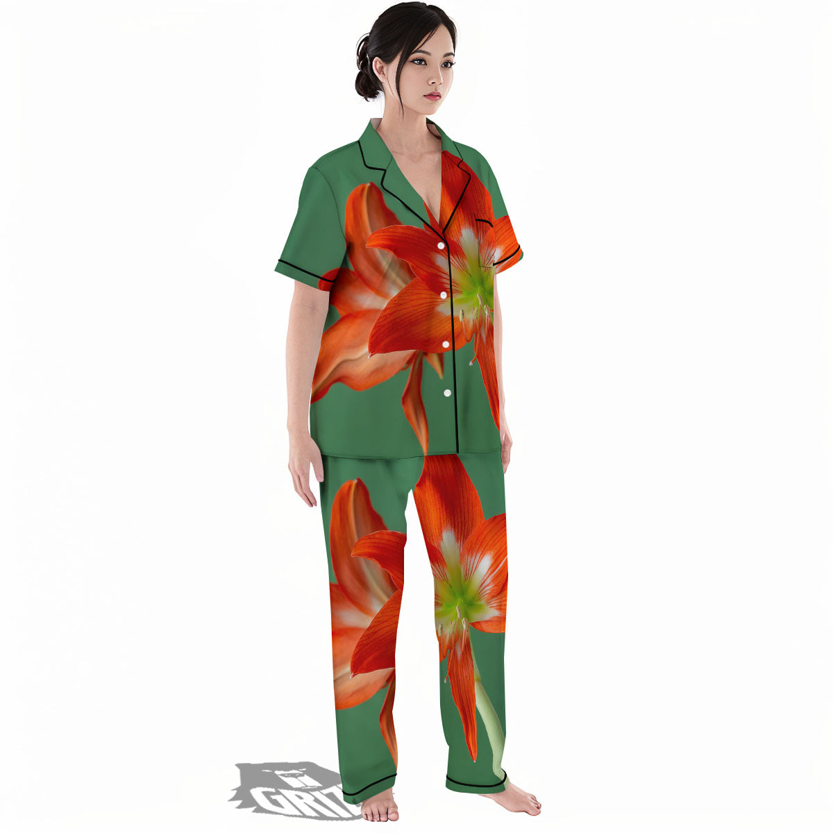 Amaryllis Orange Print Women's Pajamas Set-grizzshop