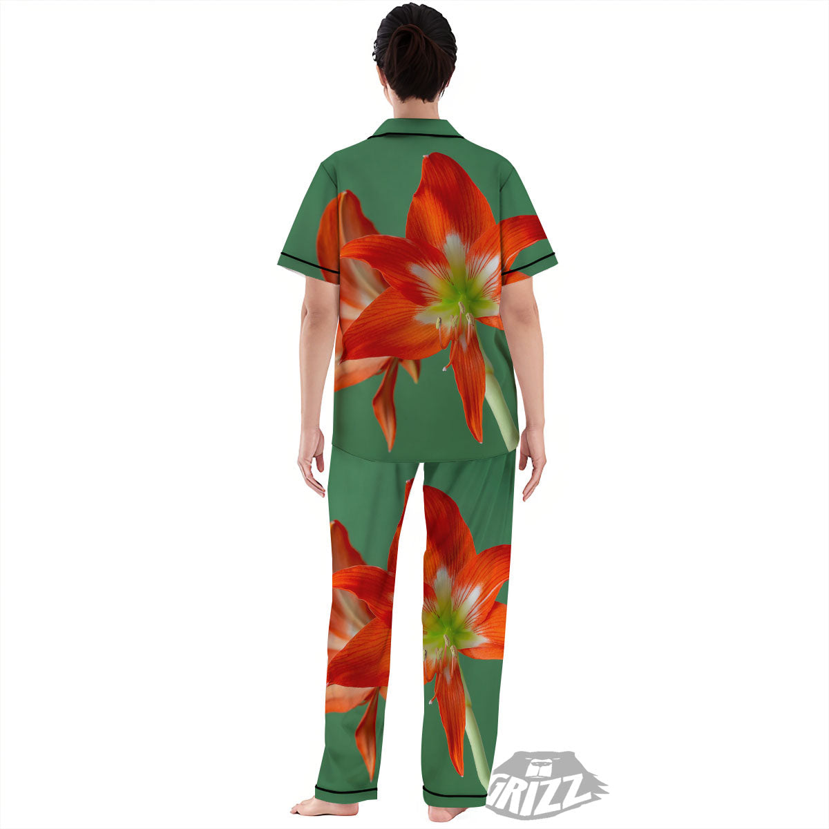 Amaryllis Orange Print Women's Pajamas Set-grizzshop