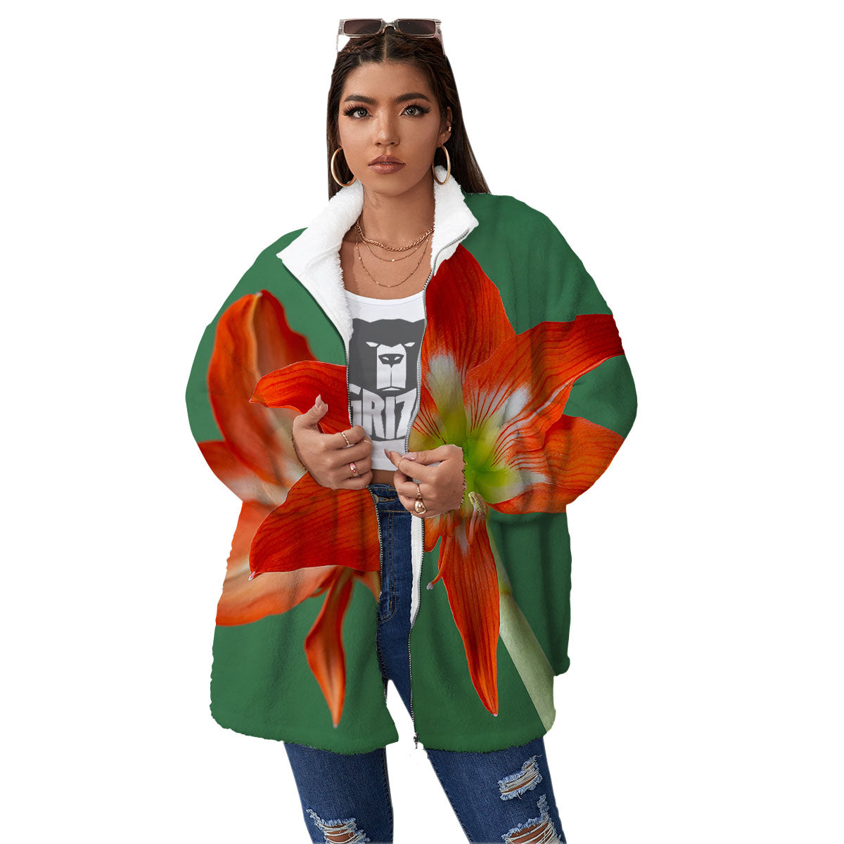 Amaryllis Orange Print Women's Sherpa Jacket-grizzshop
