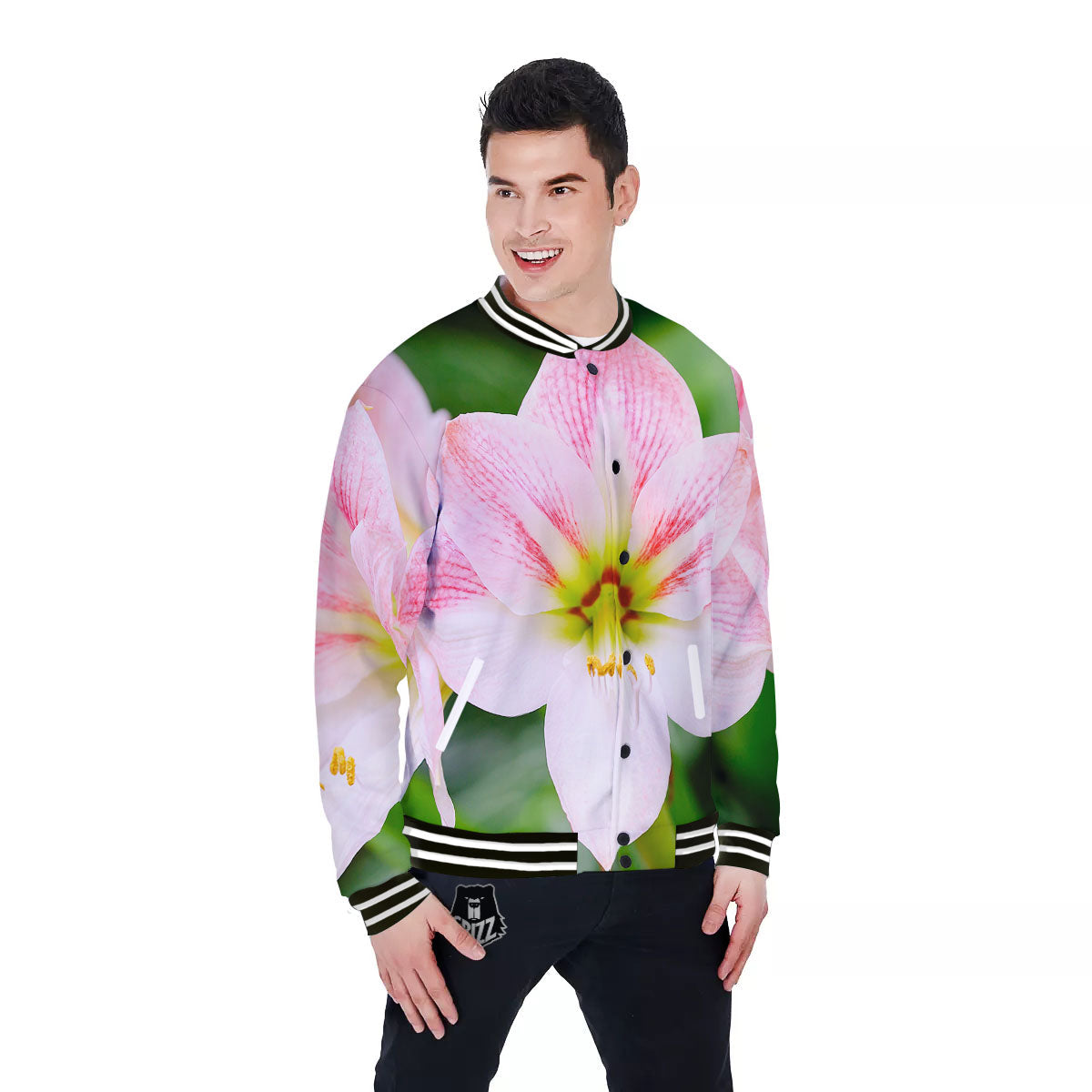 Amaryllis Pink And White Print Baseball Jacket-grizzshop