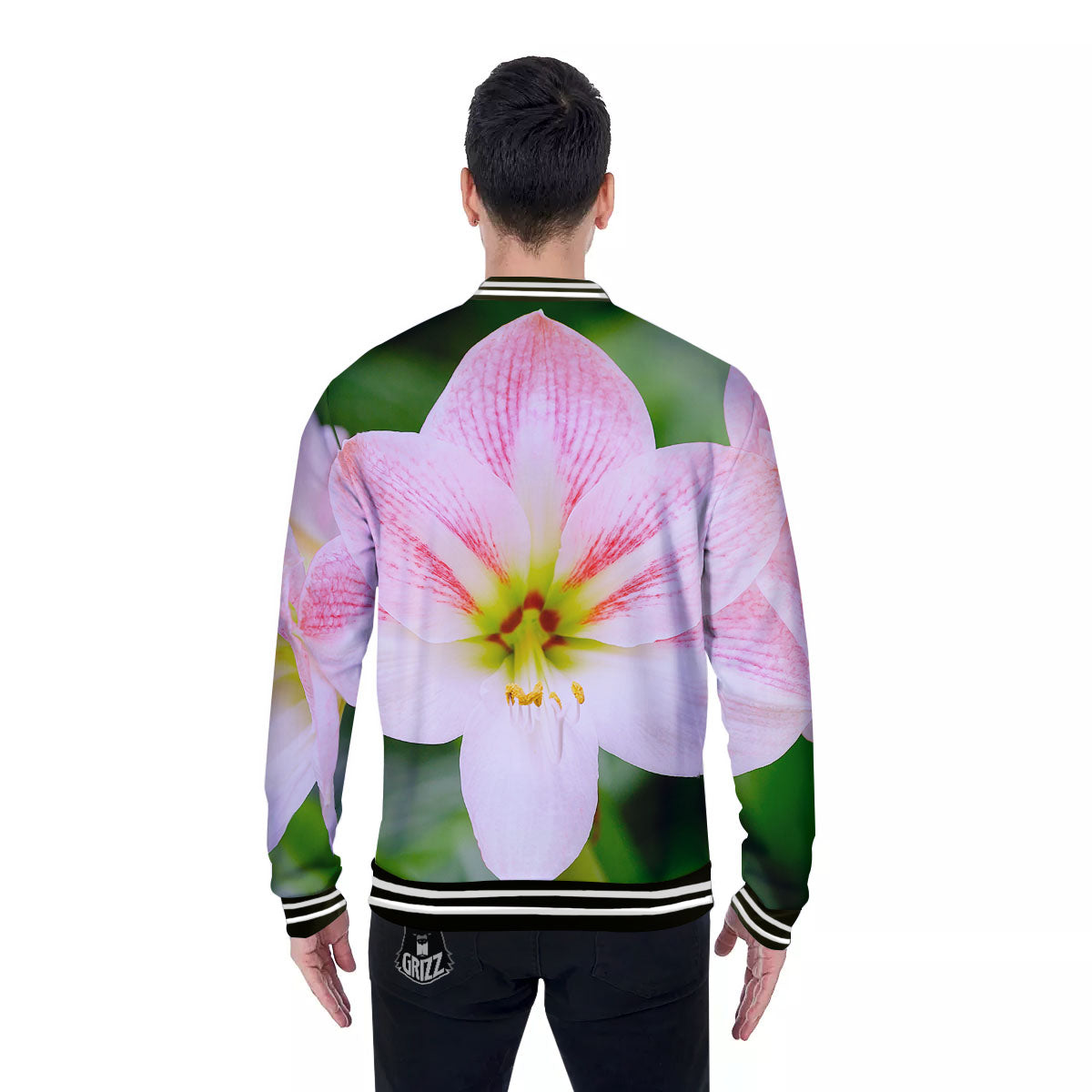 Amaryllis Pink And White Print Baseball Jacket-grizzshop
