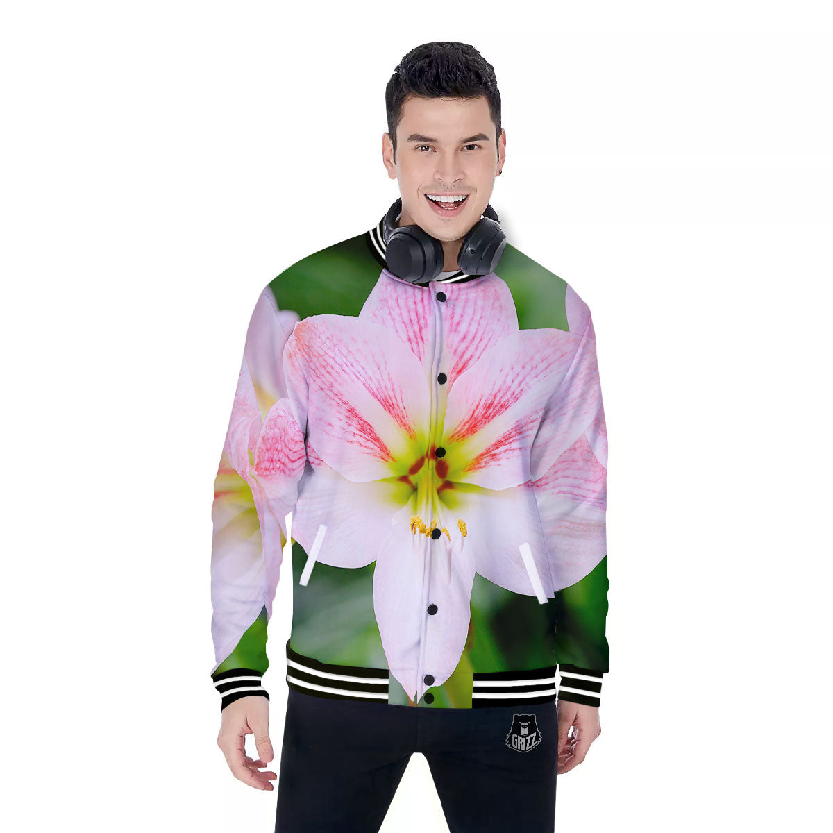 Amaryllis Pink And White Print Baseball Jacket-grizzshop