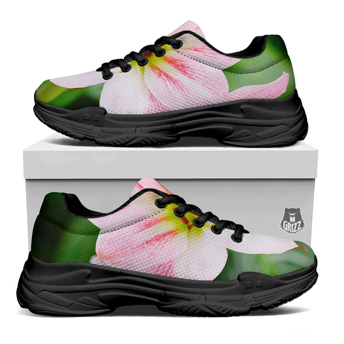 Amaryllis Pink And White Print Black Chunky Shoes-grizzshop