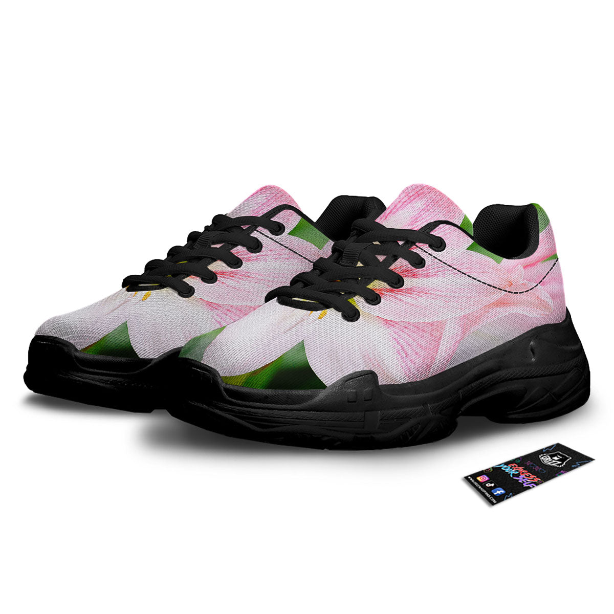 Amaryllis Pink And White Print Black Chunky Shoes-grizzshop