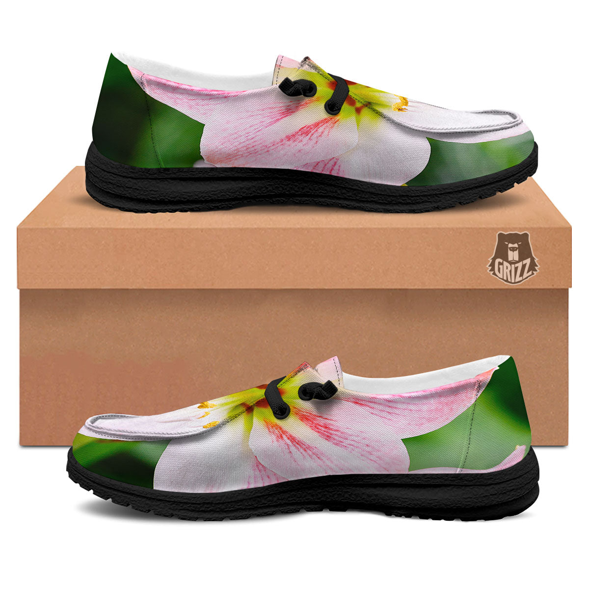 Amaryllis Pink And White Print Black Loafers-grizzshop