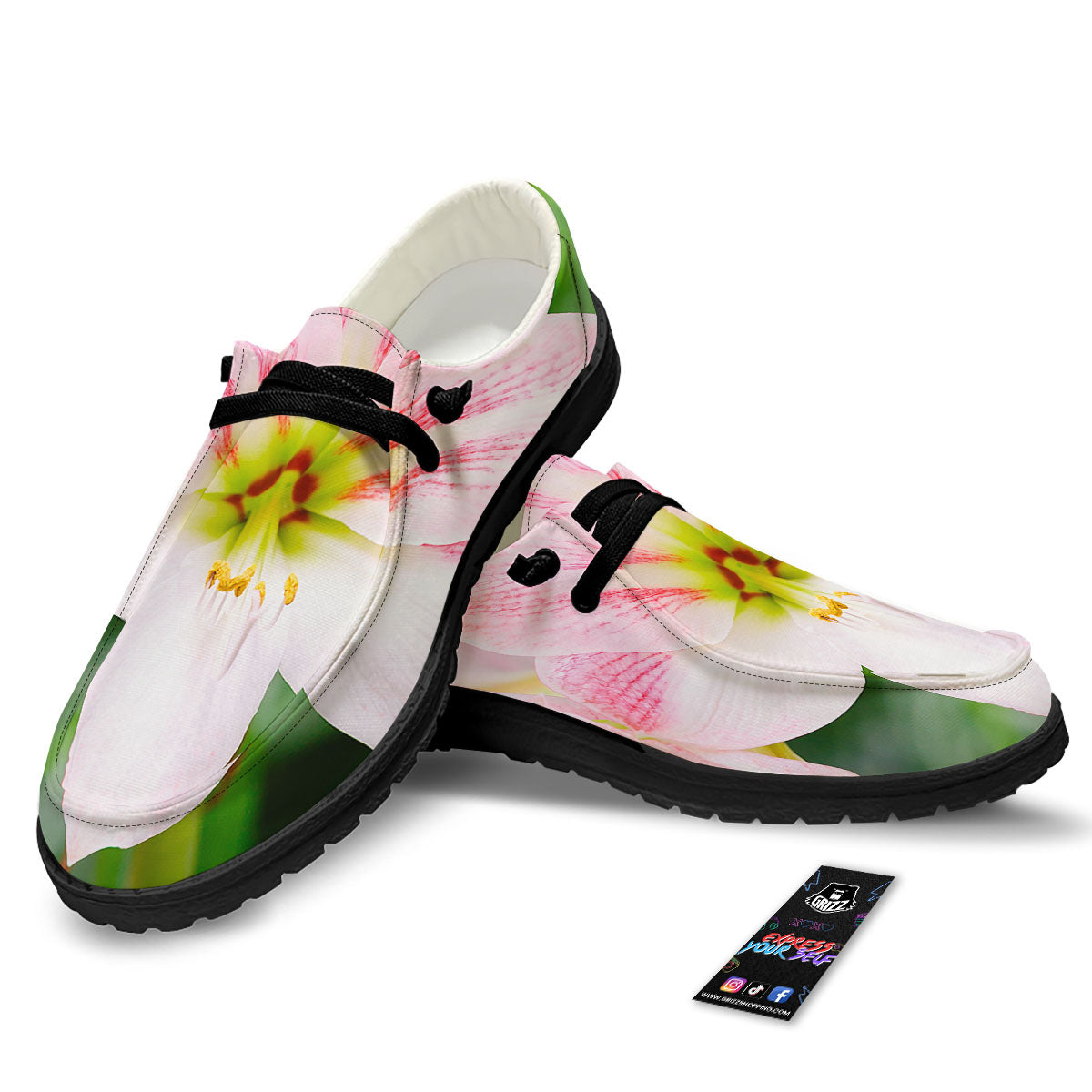 Amaryllis Pink And White Print Black Loafers-grizzshop