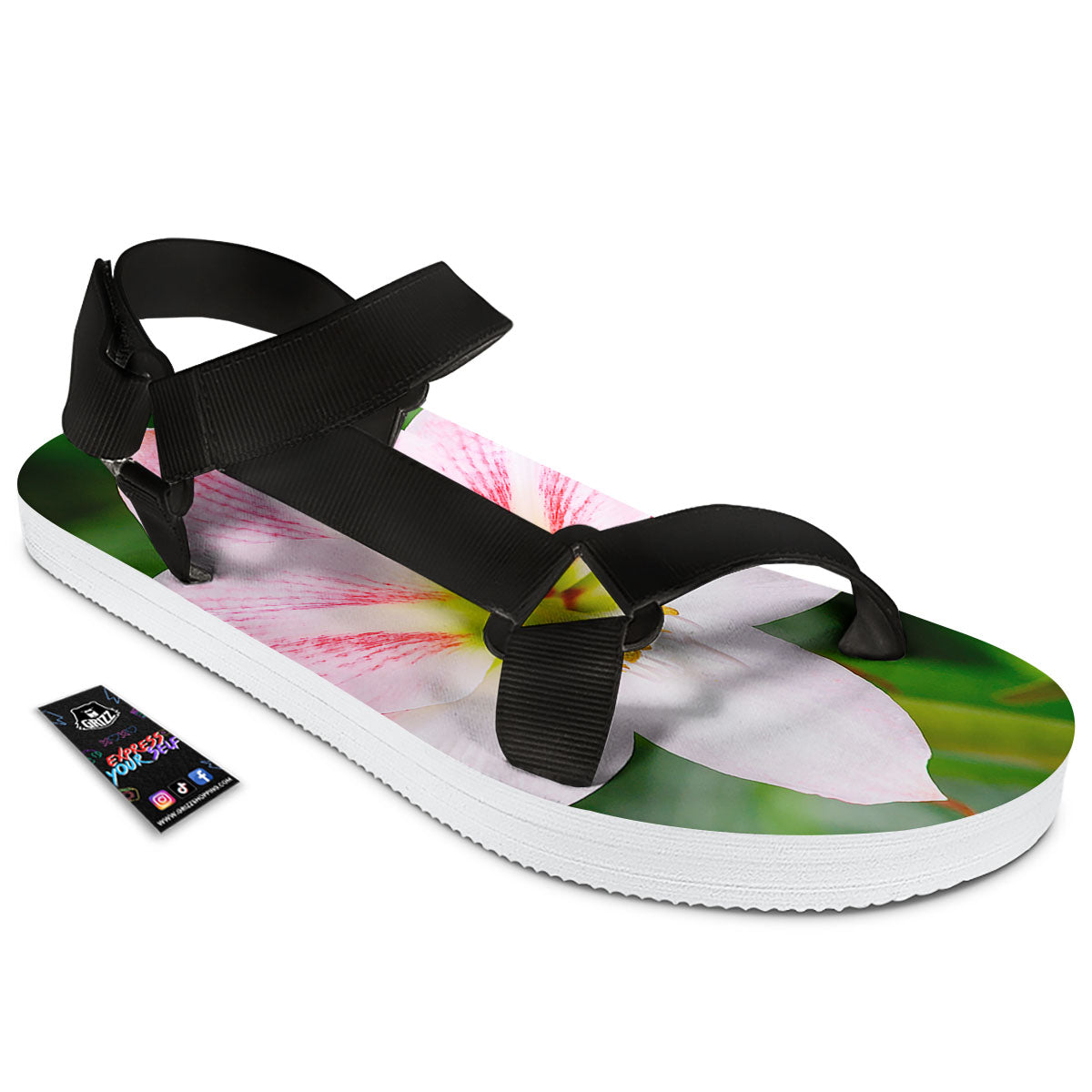 Amaryllis Pink And White Print Black Open Toe Sandals-grizzshop