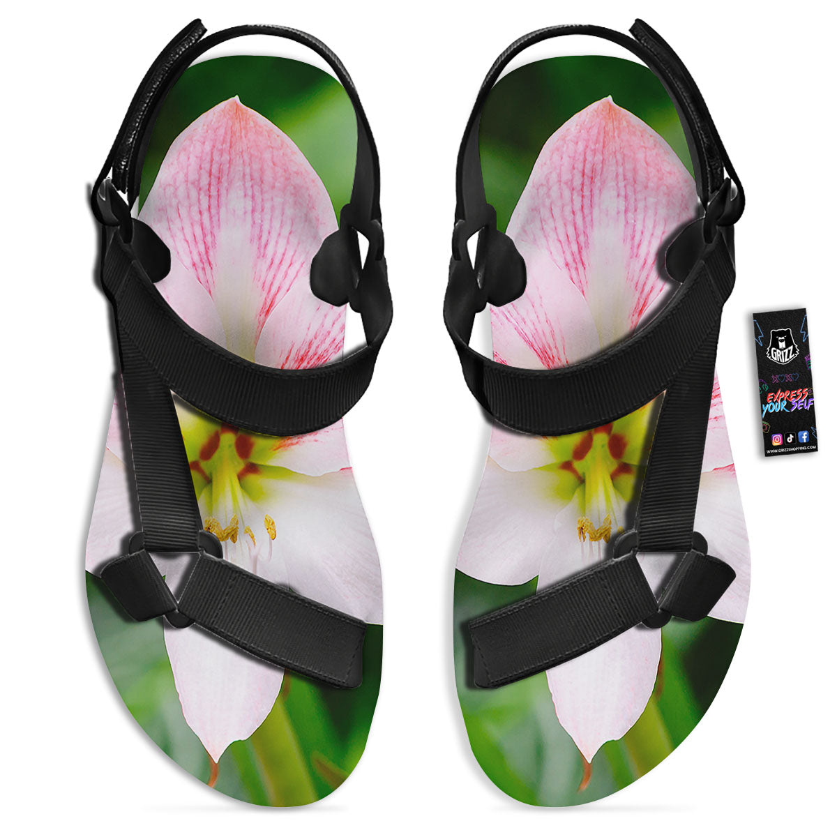 Amaryllis Pink And White Print Black Open Toe Sandals-grizzshop