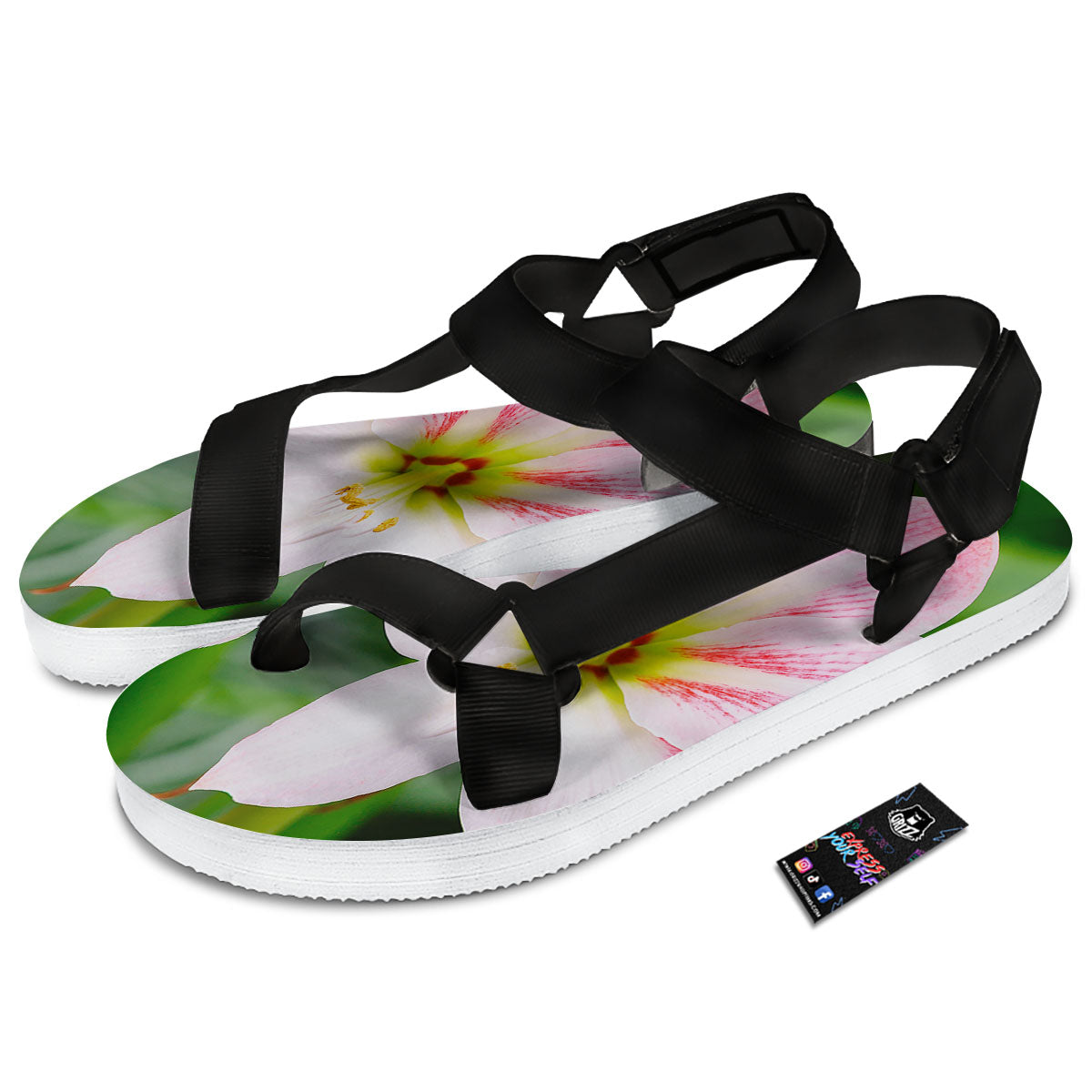 Amaryllis Pink And White Print Black Open Toe Sandals-grizzshop