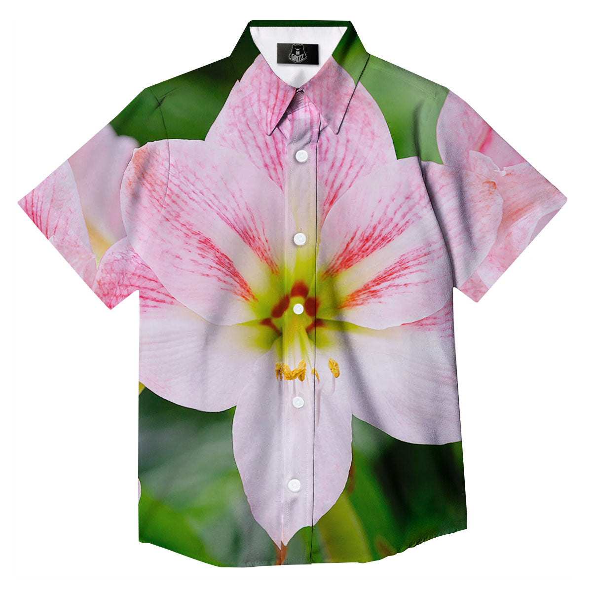 Amaryllis Pink And White Print Button Up Shirt-grizzshop