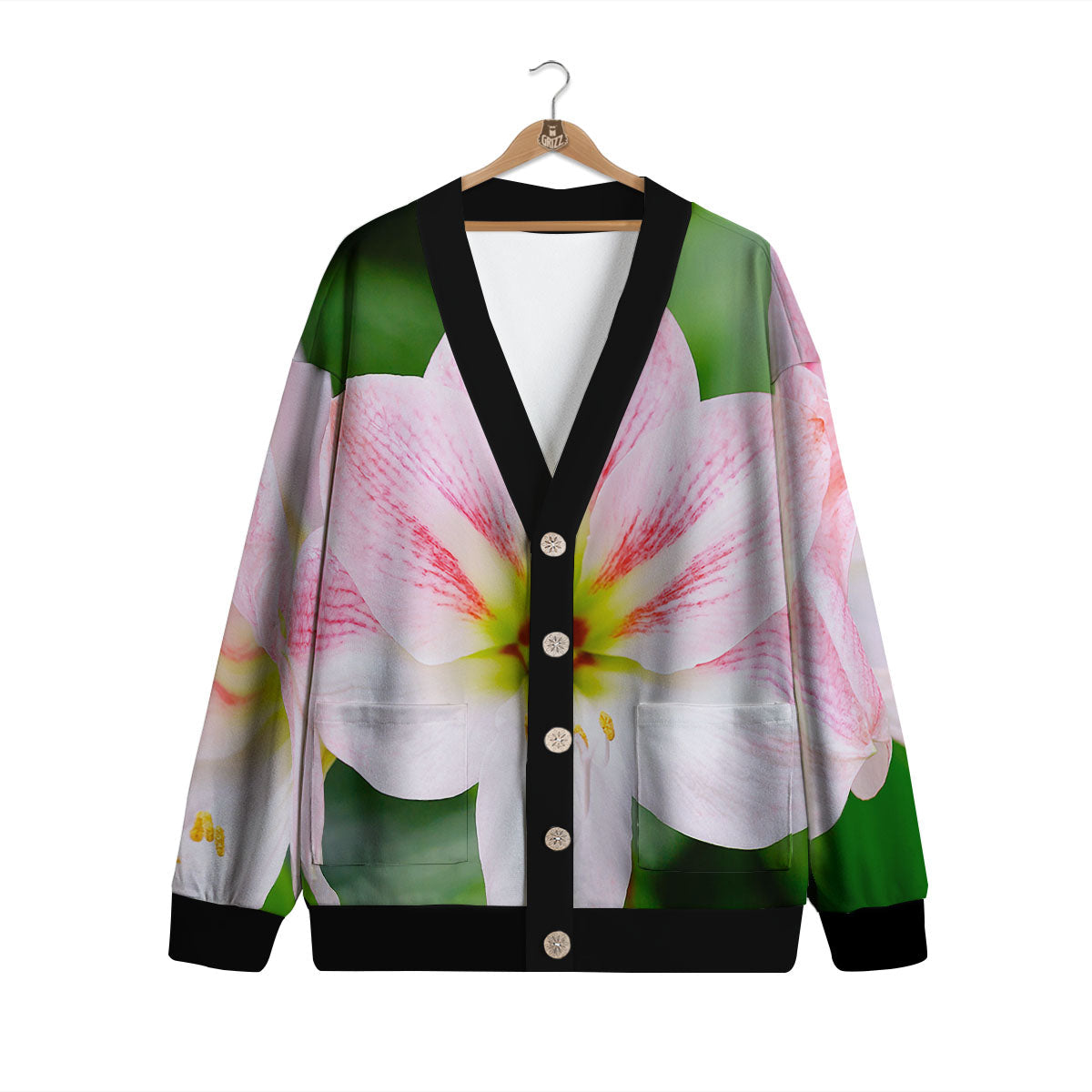 Amaryllis Pink And White Print Cardigan-grizzshop
