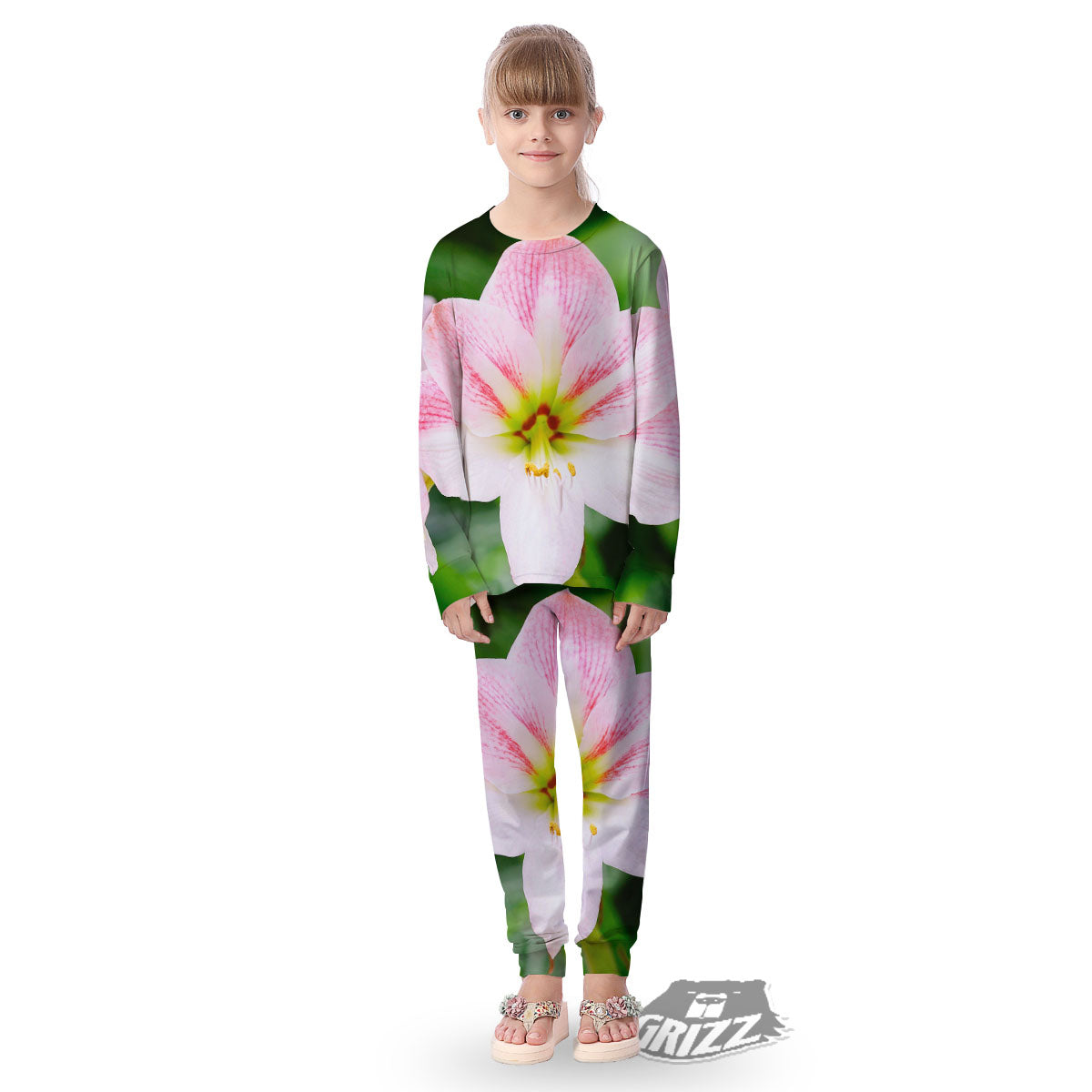 Amaryllis Pink And White Print Kid's Pajamas-grizzshop