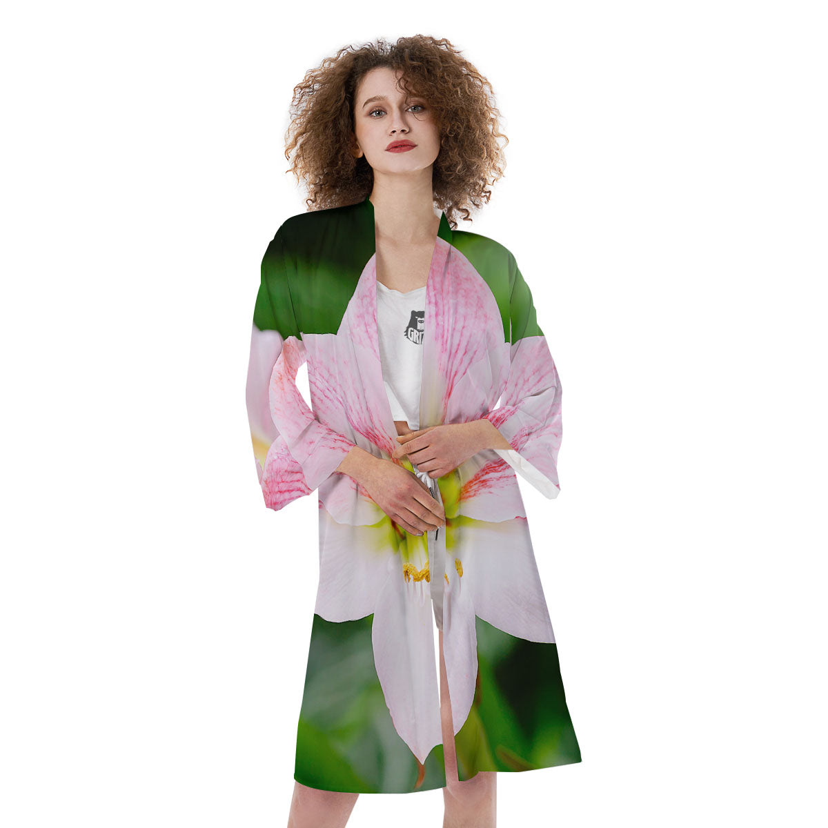 Amaryllis Pink And White Print Kimono-grizzshop