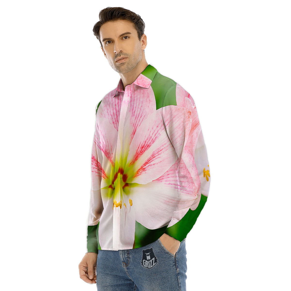 Amaryllis Pink And White Print Men's Dress Shirts-grizzshop