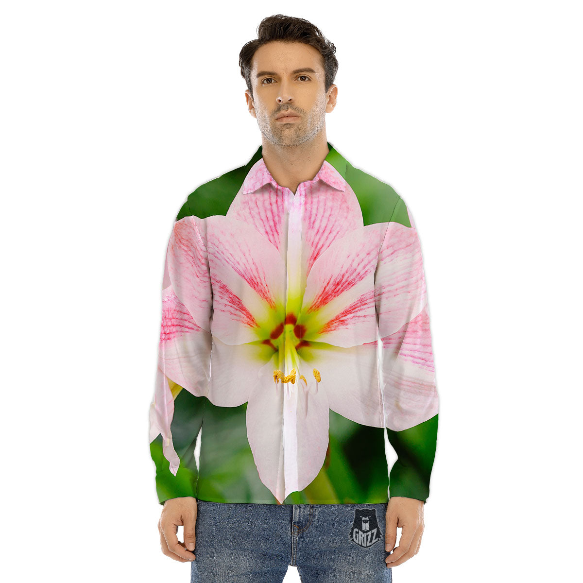 Amaryllis Pink And White Print Men's Dress Shirts-grizzshop