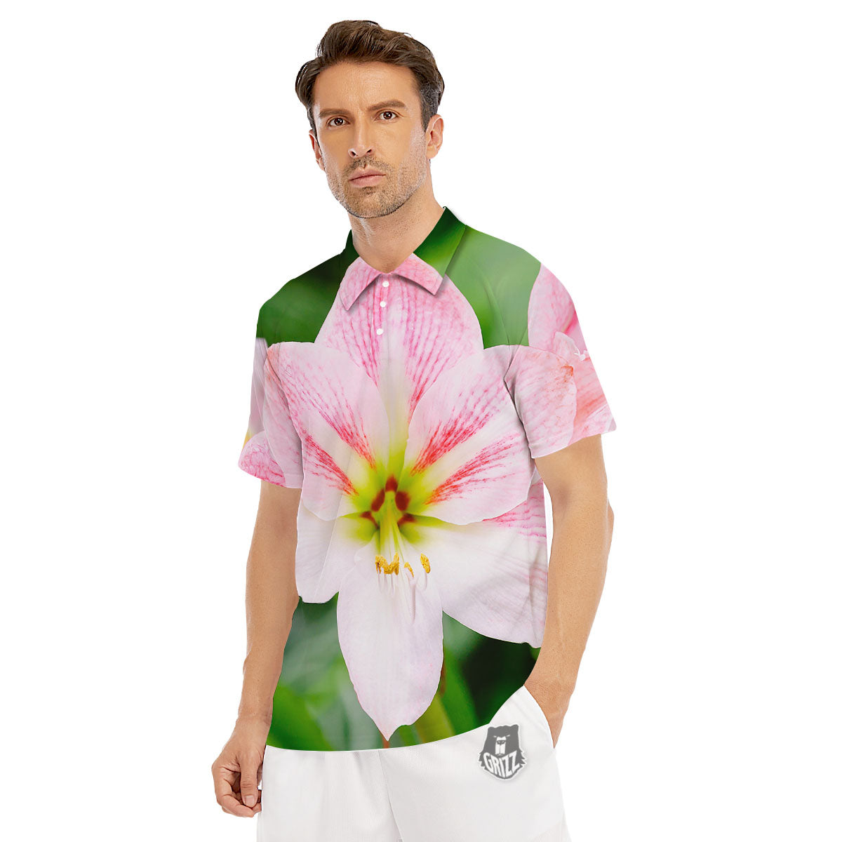 Amaryllis Pink And White Print Men's Golf Shirts-grizzshop