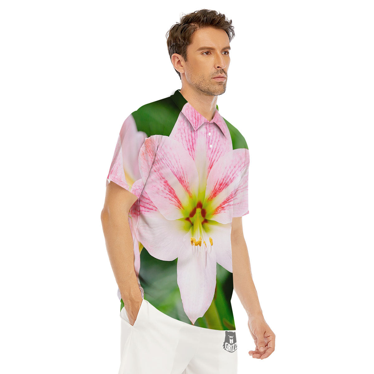 Amaryllis Pink And White Print Men's Golf Shirts-grizzshop