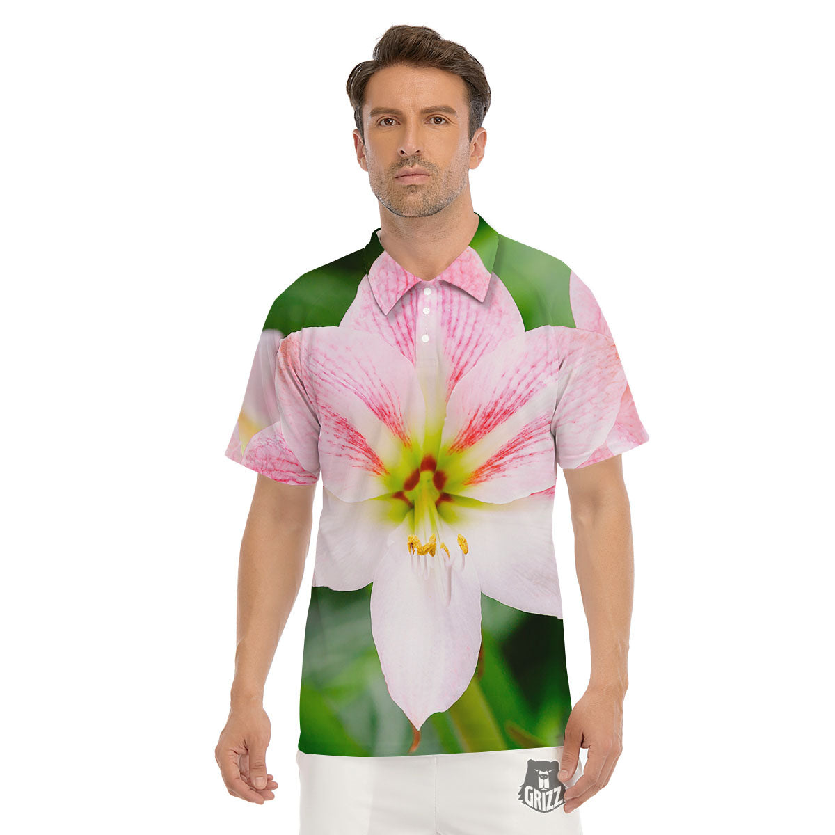 Amaryllis Pink And White Print Men's Golf Shirts-grizzshop