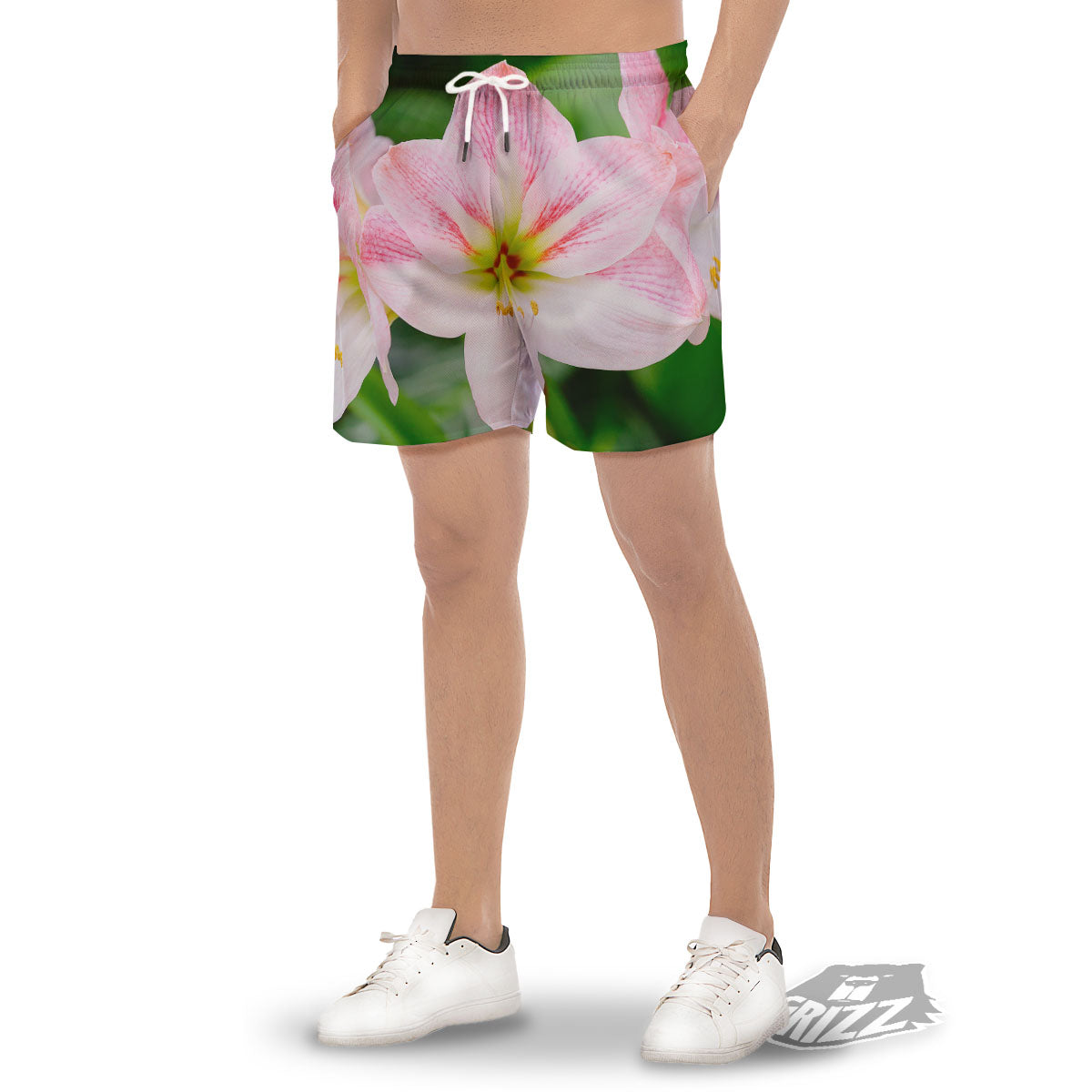 Amaryllis Pink And White Print Men's Gym Shorts-grizzshop