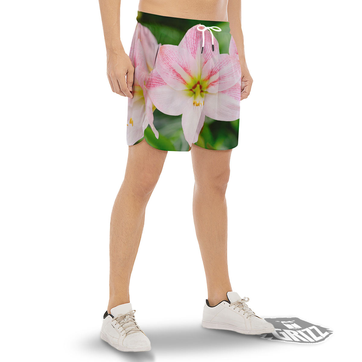 Amaryllis Pink And White Print Men's Gym Shorts-grizzshop
