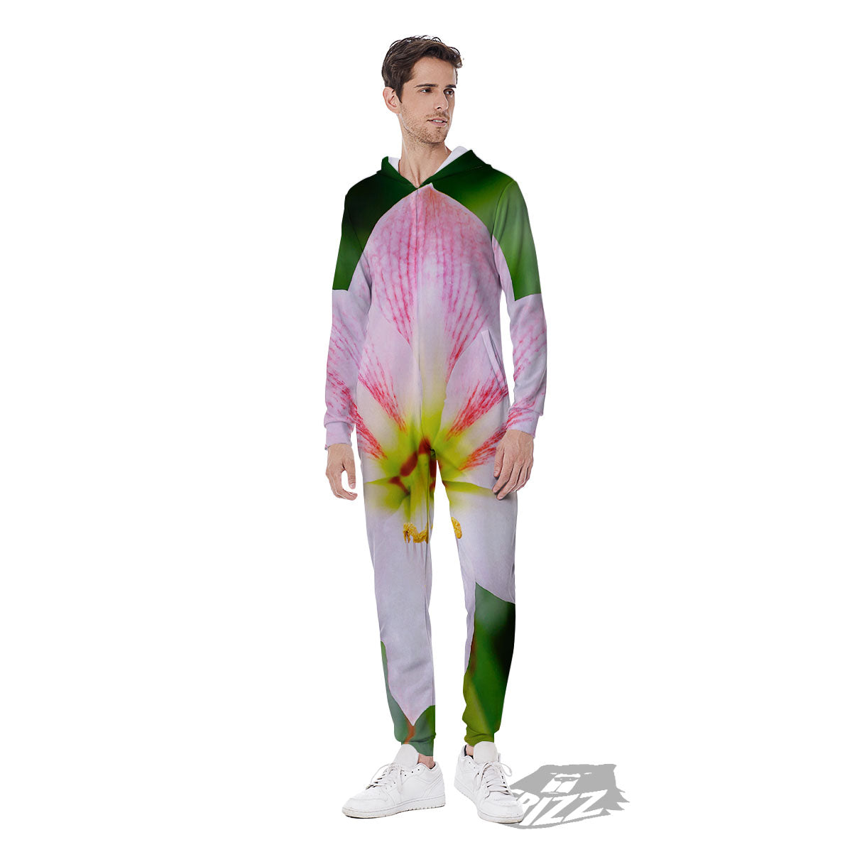 Amaryllis Pink And White Print Men's Jumpsuit-grizzshop