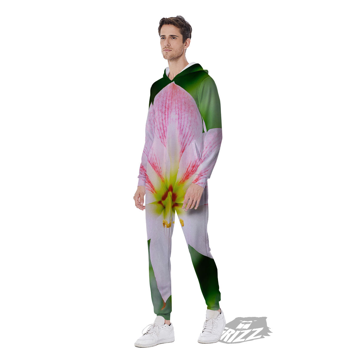 Amaryllis Pink And White Print Men's Jumpsuit-grizzshop