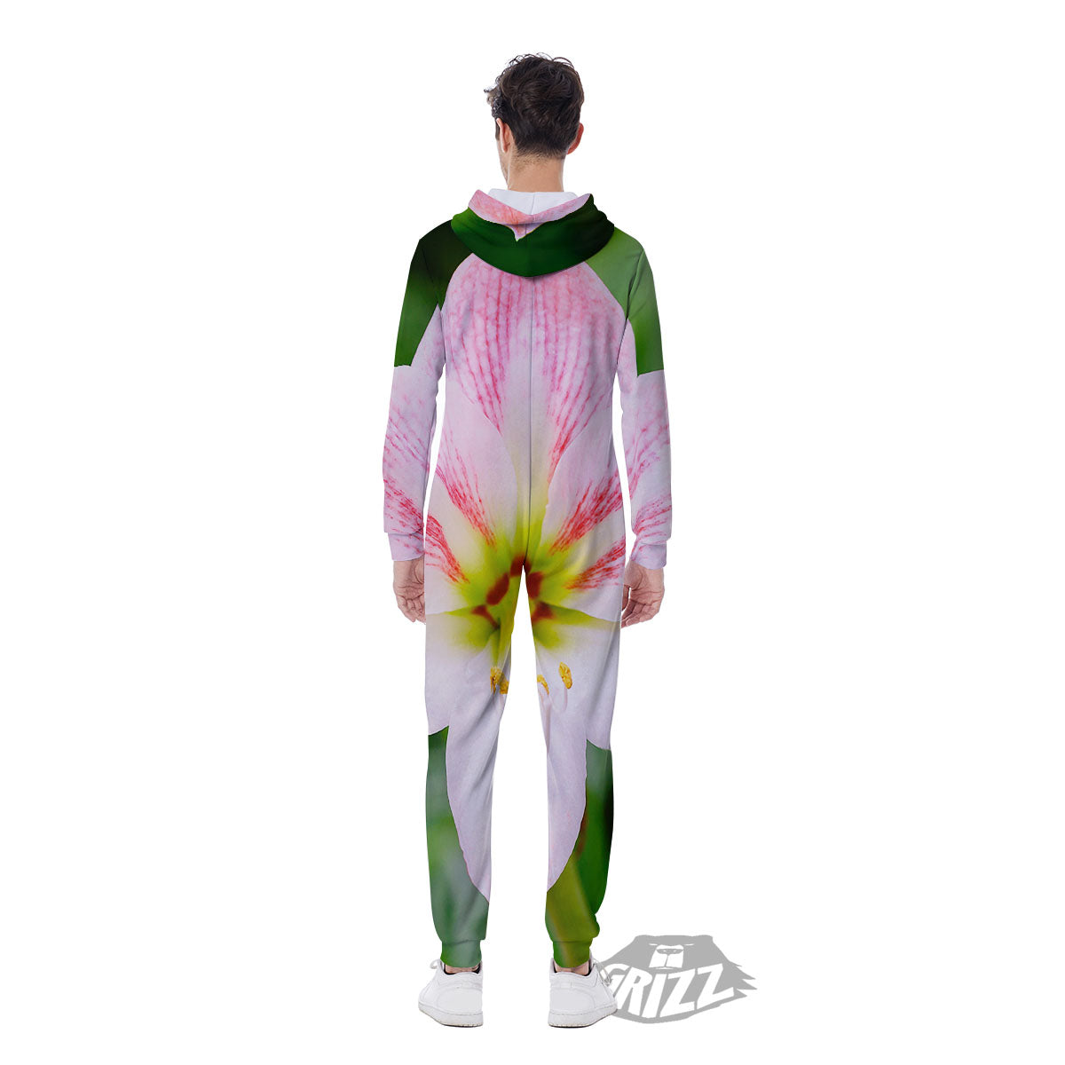 Amaryllis Pink And White Print Men's Jumpsuit-grizzshop
