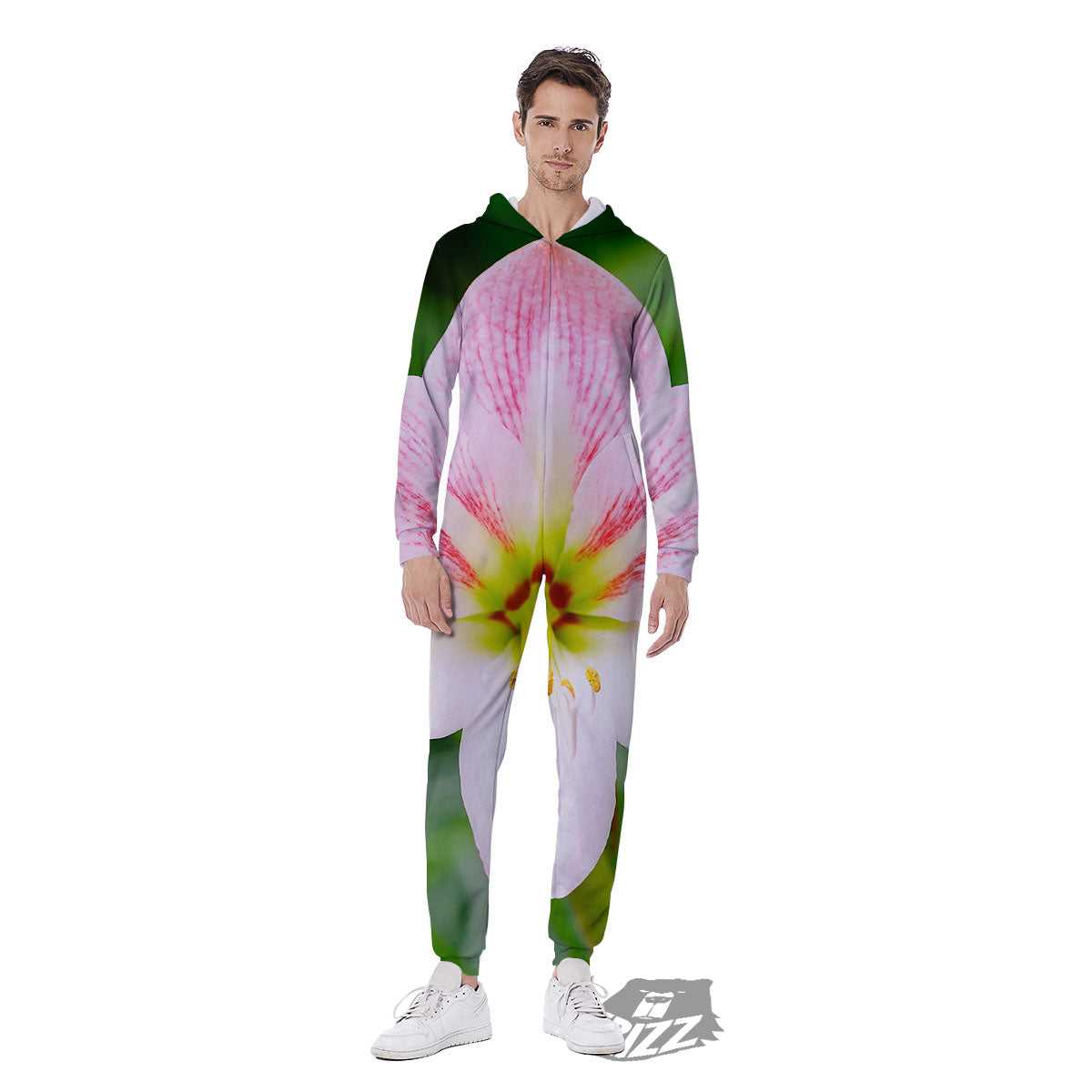Amaryllis Pink And White Print Men's Jumpsuit-grizzshop