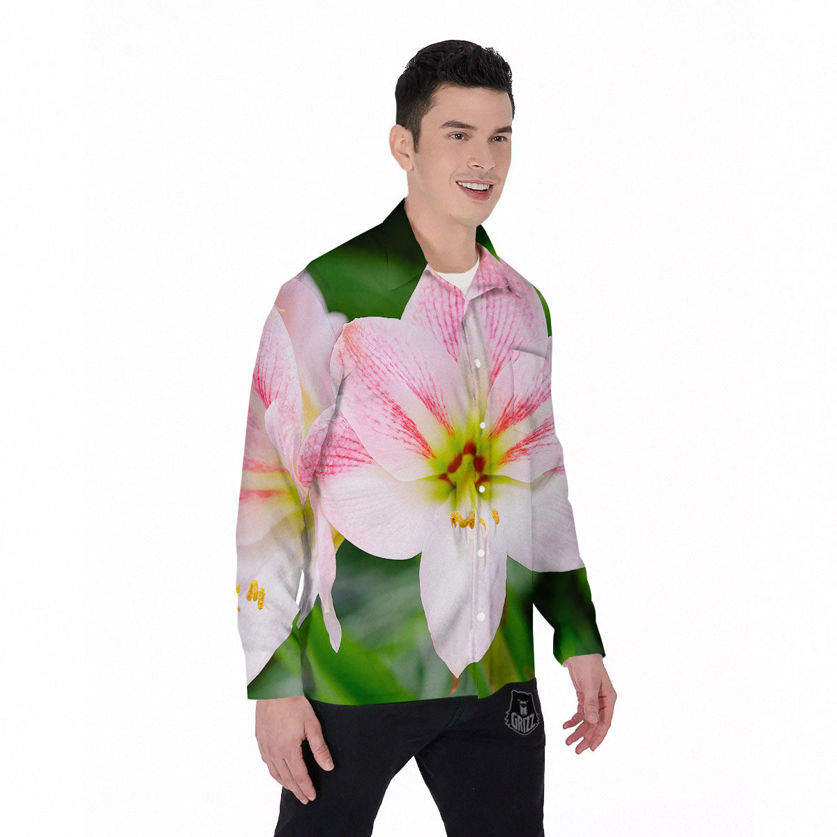 Amaryllis Pink And White Print Men's Long Sleeve Shirts-grizzshop