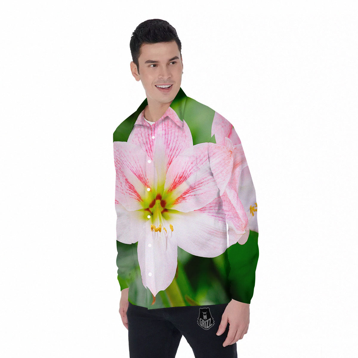 Amaryllis Pink And White Print Men's Long Sleeve Shirts-grizzshop