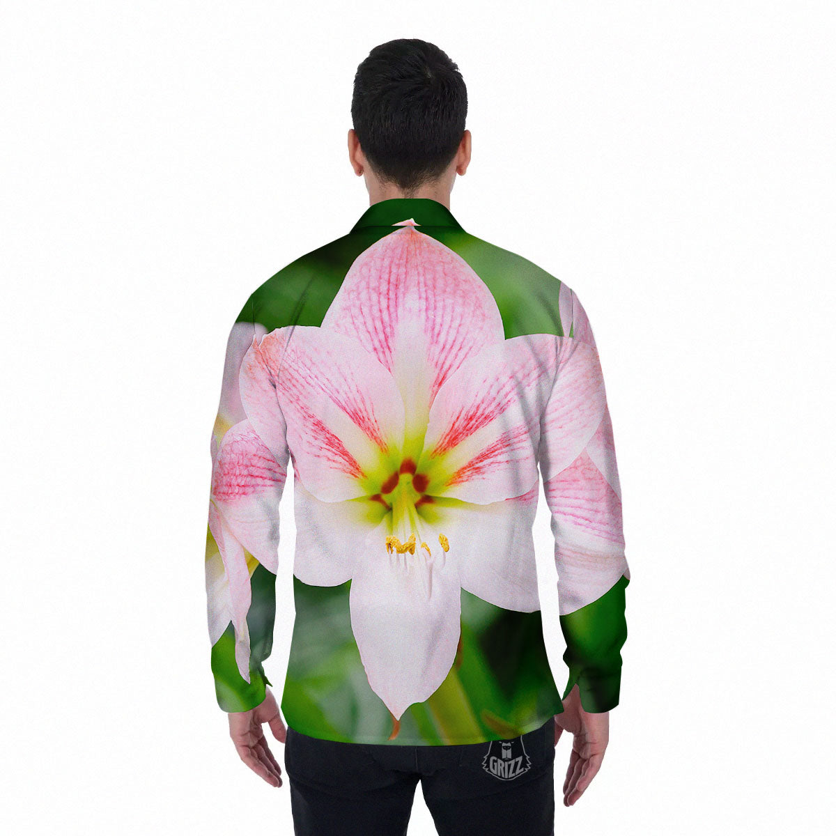 Amaryllis Pink And White Print Men's Long Sleeve Shirts-grizzshop