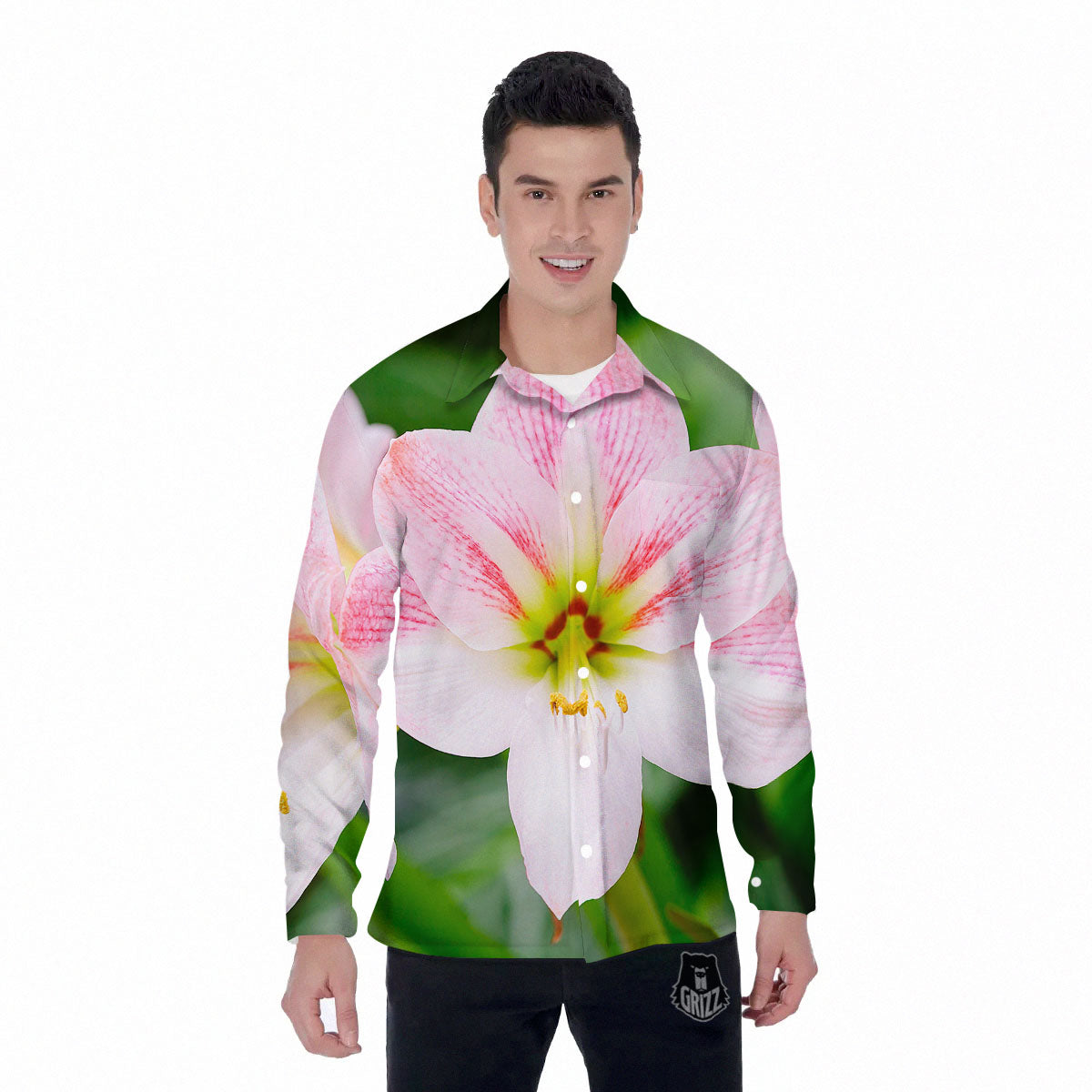 Amaryllis Pink And White Print Men's Long Sleeve Shirts-grizzshop