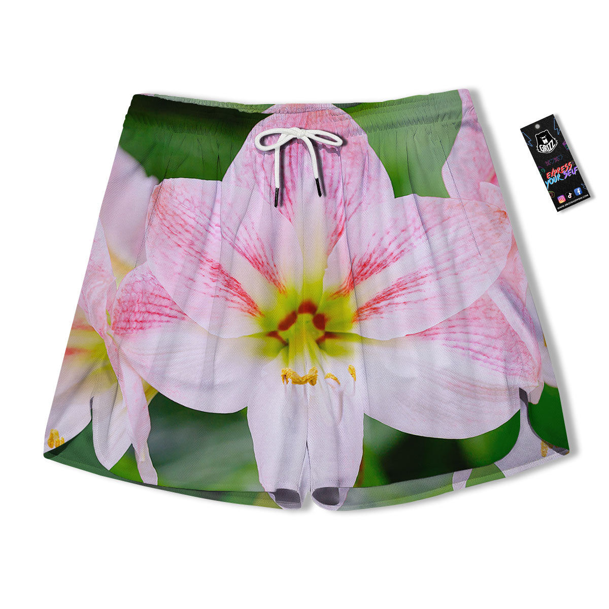 Amaryllis Pink And White Print Men's Running Shorts-grizzshop