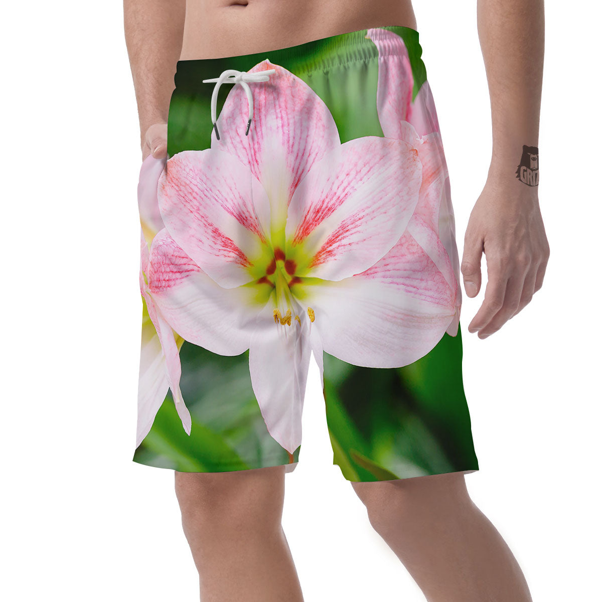 Amaryllis Pink And White Print Men's Shorts-grizzshop